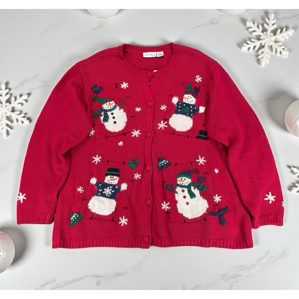 VTG Croft & Barrow Red Snowman Christmas Cardigan Sweater Sz XL Embroidered Fun